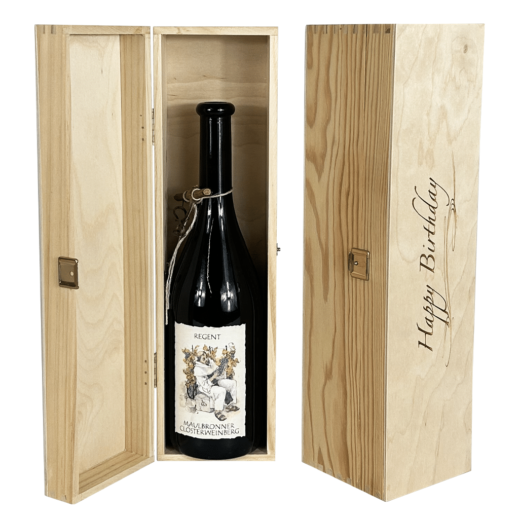 Holzboxen mit Gravur für eine Flasche
